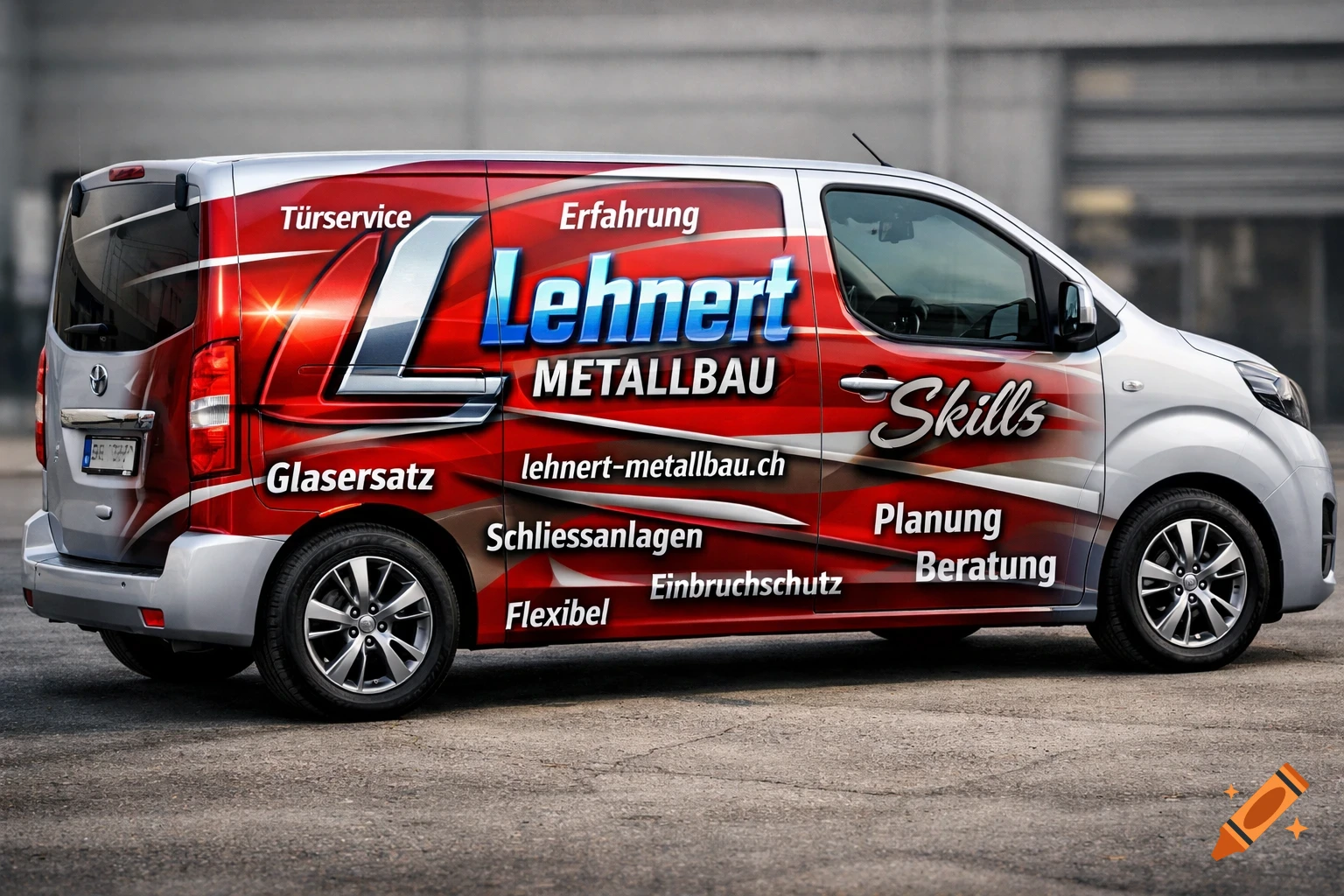 A photorealistic image of a silver and red commercial van with "Lehnert METALLBAU" branding parked on asphalt.
