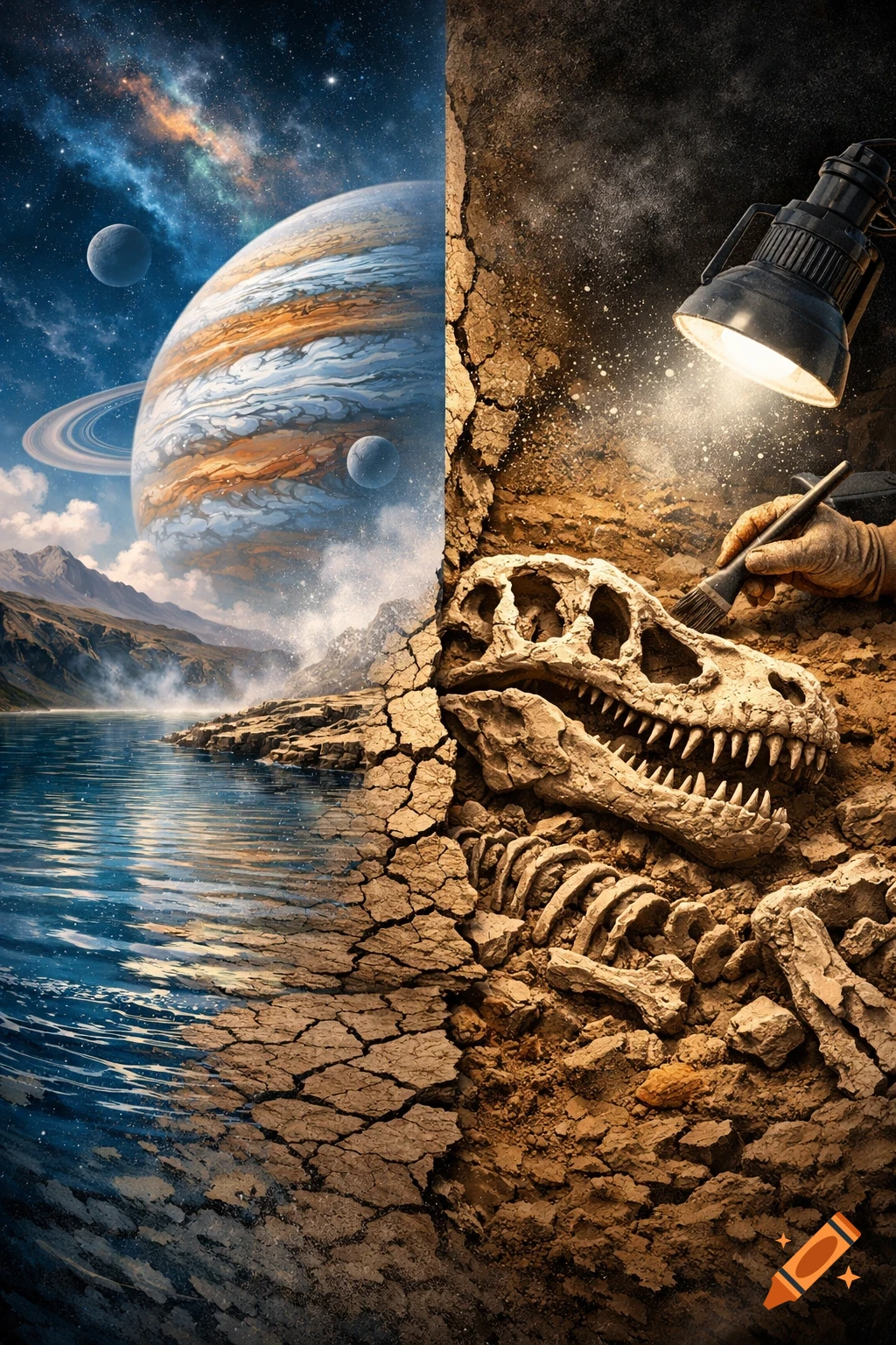 Split image showing a cosmic landscape with planets and a lake on the left, and an archaeological dig uncovering a dinosaur skeleton on cracked earth on the right.