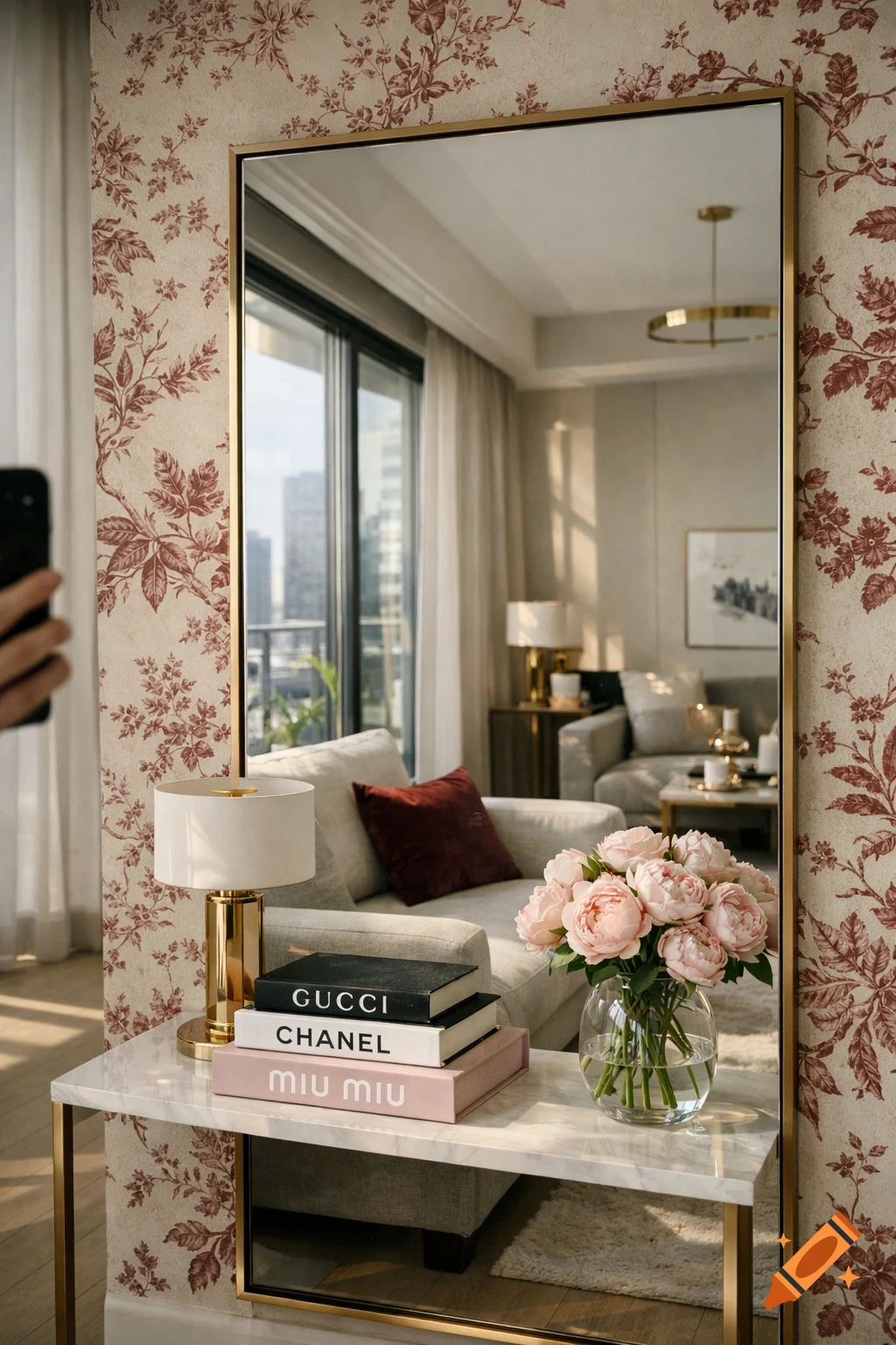 Vertical ultra-realistic image of a modern luxury apartment living room with a mirror reflecting a sofa, designer books, lamp, and pink peonies.