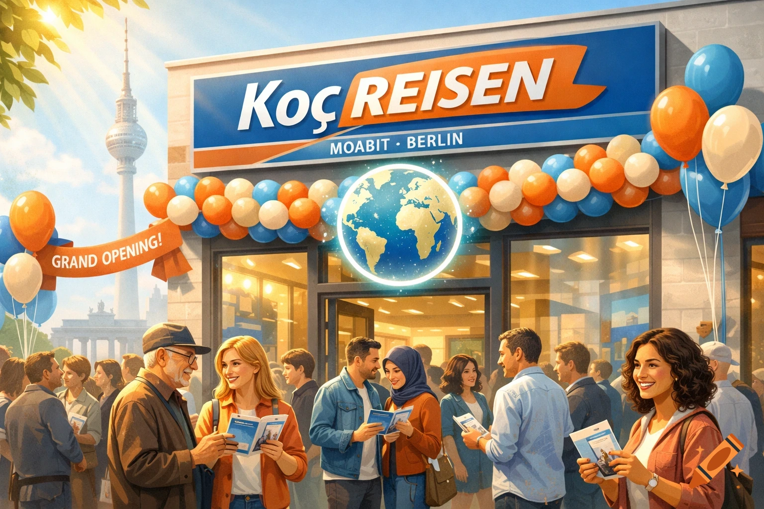 People gather outside Koç Reisen travel agency's grand opening in Berlin, featuring a globe sign, balloons, and the TV Tower.