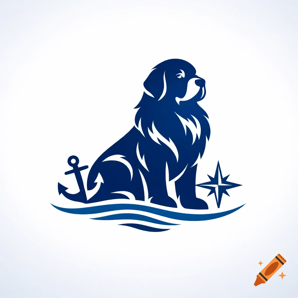 Stylized blue Newfoundland dog logo with an anchor, compass rose, and waves on a white background.
