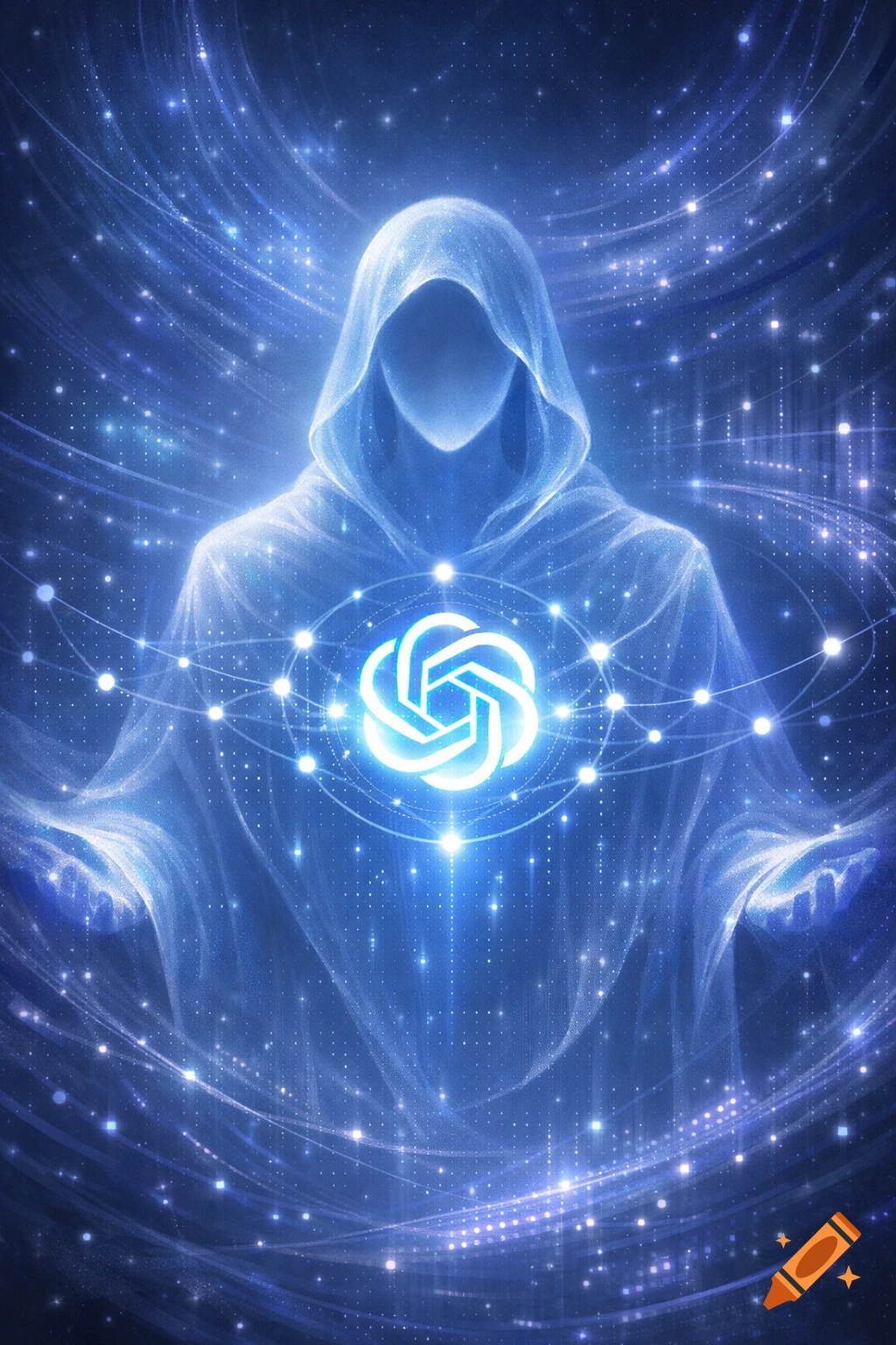 A glowing blue, hooded, faceless figure with the ChatGPT logo on its chest, surrounded by ethereal particles and network lines in a digital art style.