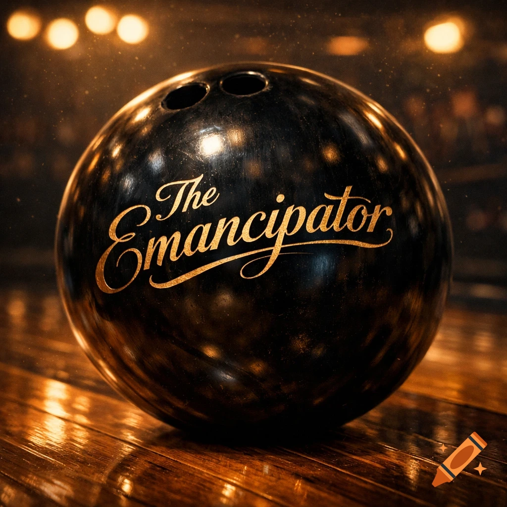 A black bowling ball with "The Emancipator" in gold script rests on a wooden lane, with bokeh lights in the background.