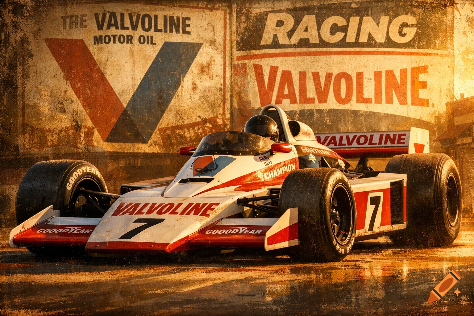A photorealistic image of a vintage white and red Valvoline Formula 1 car number 7 on a wet track with a weathered Valvoline wall behind it.
