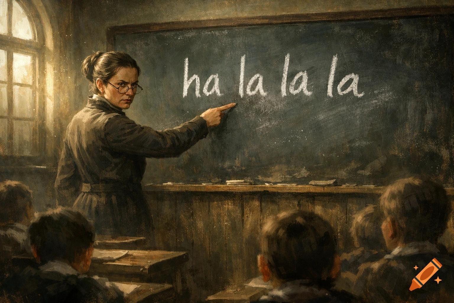 A serious teacher in a dark dress and glasses points at a chalkboard ...