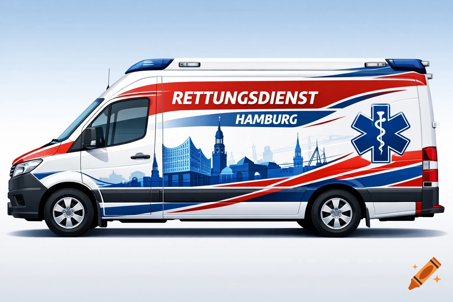 White, red, and blue ambulance with 'RETTUNGSDIENST HAMBURG' text, a blue cityscape, and a Star of Life symbol, illustrated in a clean, modern style.