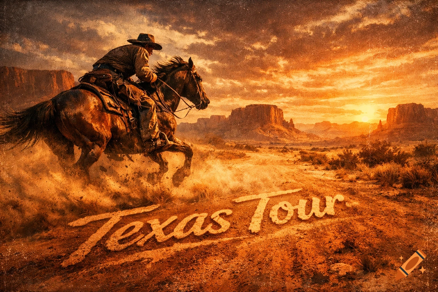 Cowboy on a horse kicking up dust in a desert at sunset with 'Texas Tour' text on the ground, vintage style.
