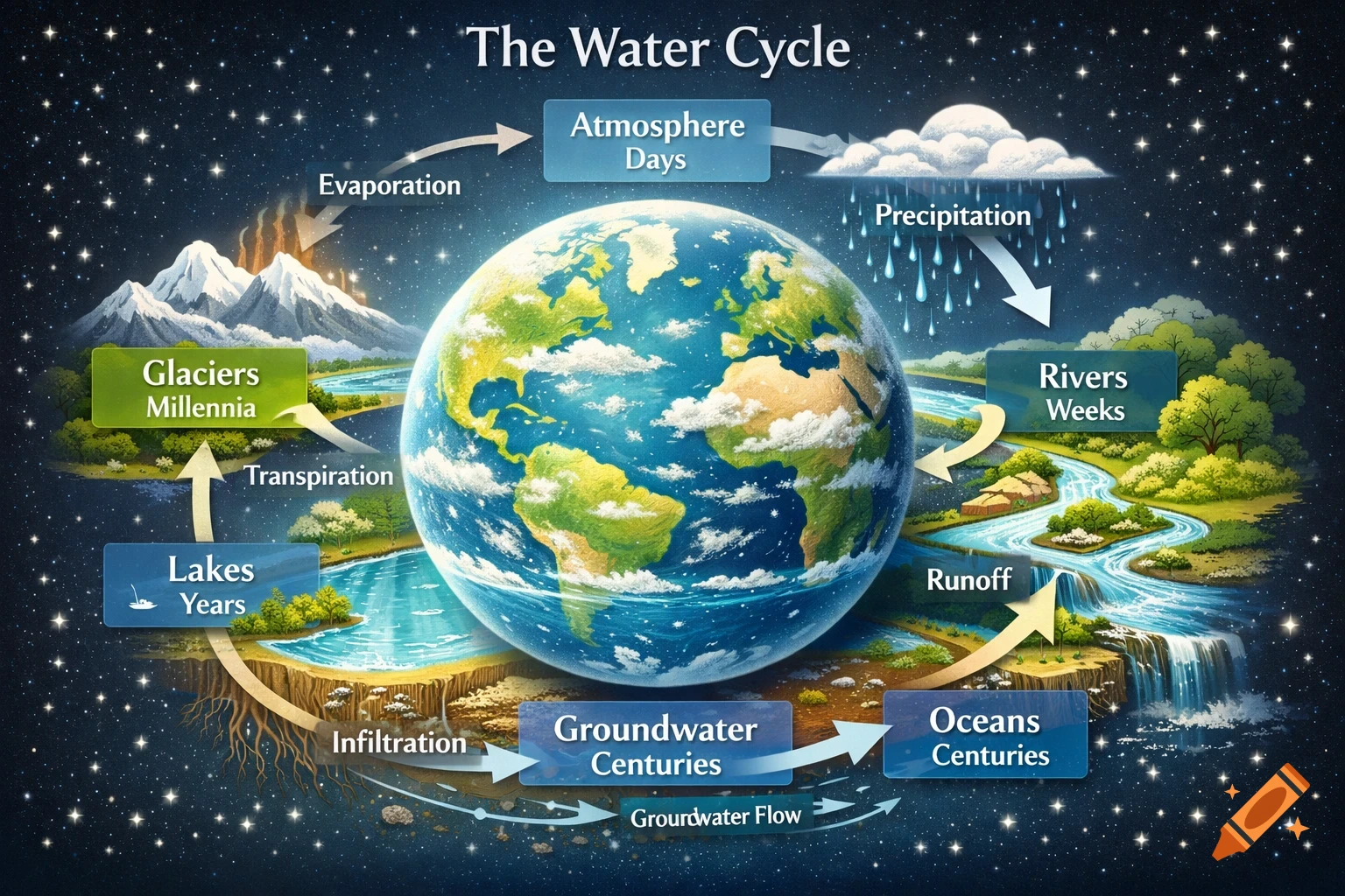 Detailed diagram of the water cycle showing Earth, mountains, rivers, lakes, glaciers, oceans, and atmospheric processes with labeled flows and residence times.