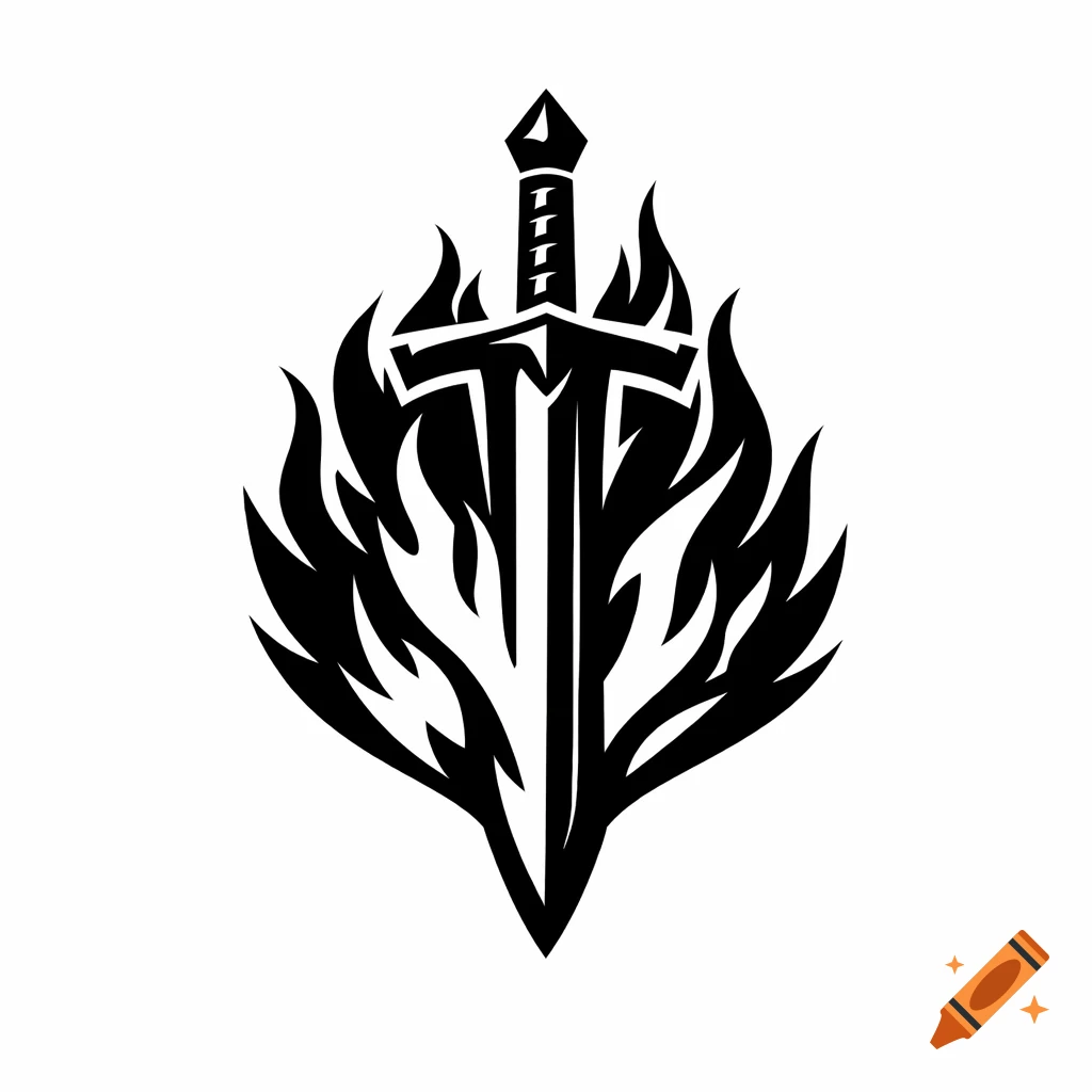 Black and white vector logo of a sword engulfed in flames, on a white background.