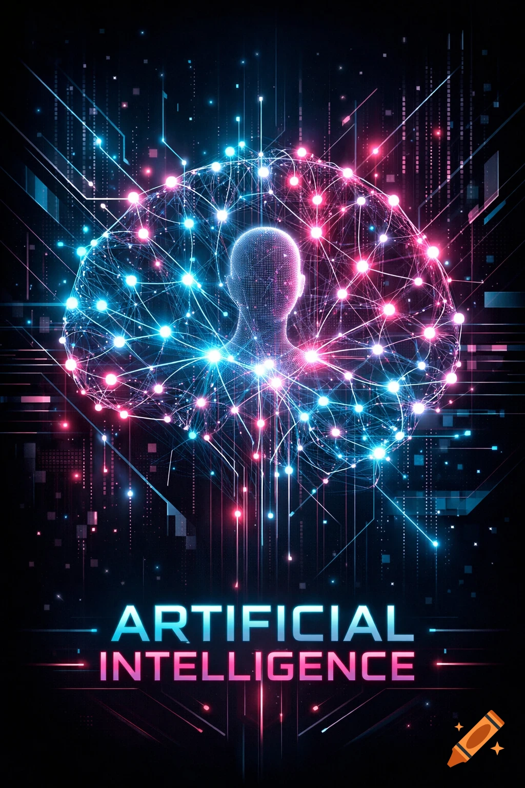 A glowing, futuristic digital art image of a human head inside a connected network of blue and pink lights, with 'ARTIFICIAL INTELLIGENCE' text.