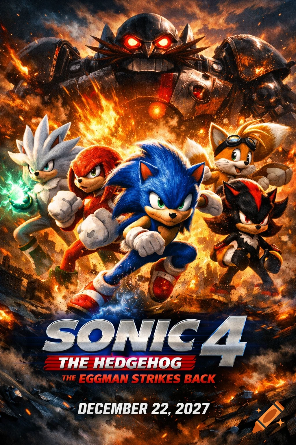 Movie poster for 'Sonic the Hedgehog 4: The Eggman Strikes Back' featuring Sonic and friends against Eggman's mech amidst an explosion.