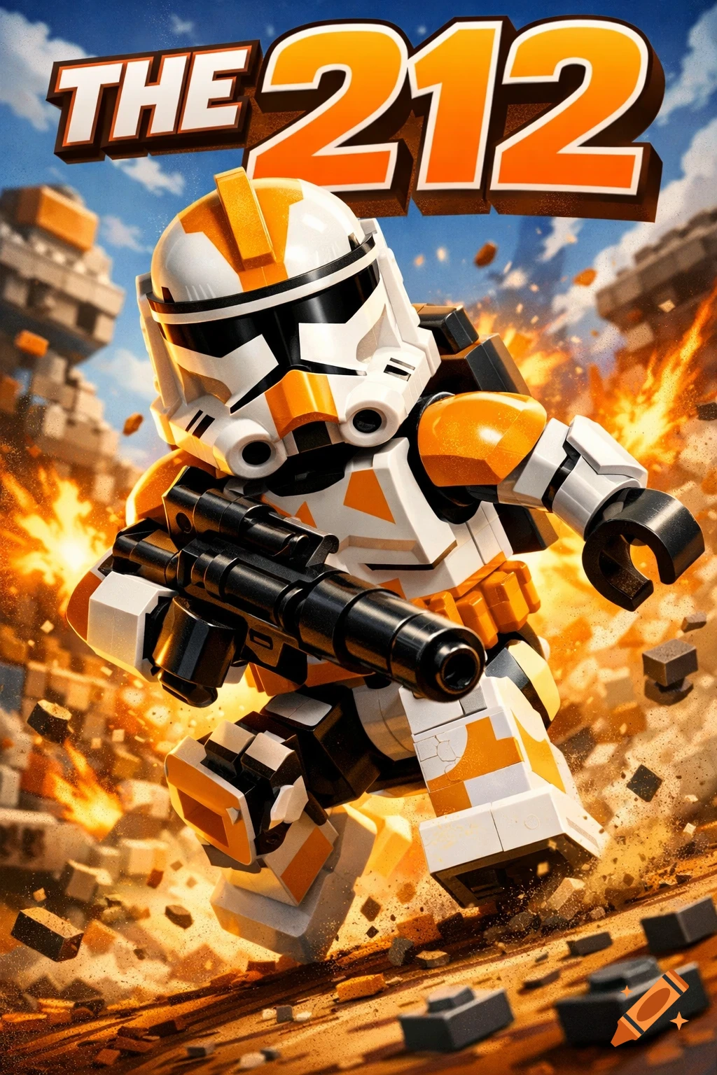 An orange and white Lego Star Wars Clone Trooper with a blaster gun amidst explosions and flying debris, with 'THE 212' at the top.