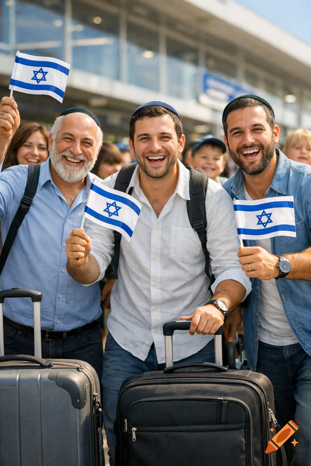 Smiling Jewish men in kippas hold Israeli flags and luggage at an outdoor travel hub, surrounded by other happy families.