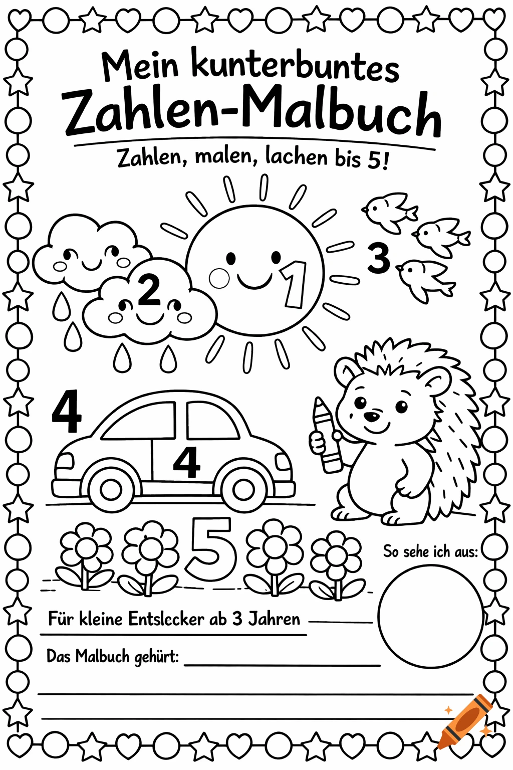 A German children's coloring book page with numbers 1-5, featuring a sun, clouds, birds, car, flowers, and a hedgehog, all in black outline art.