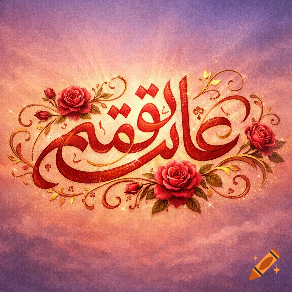 Ornate red calligraphy for "عاشقتم" (I love you) with sparkling gold accents and red roses, set against a glowing pink and purple sky.
