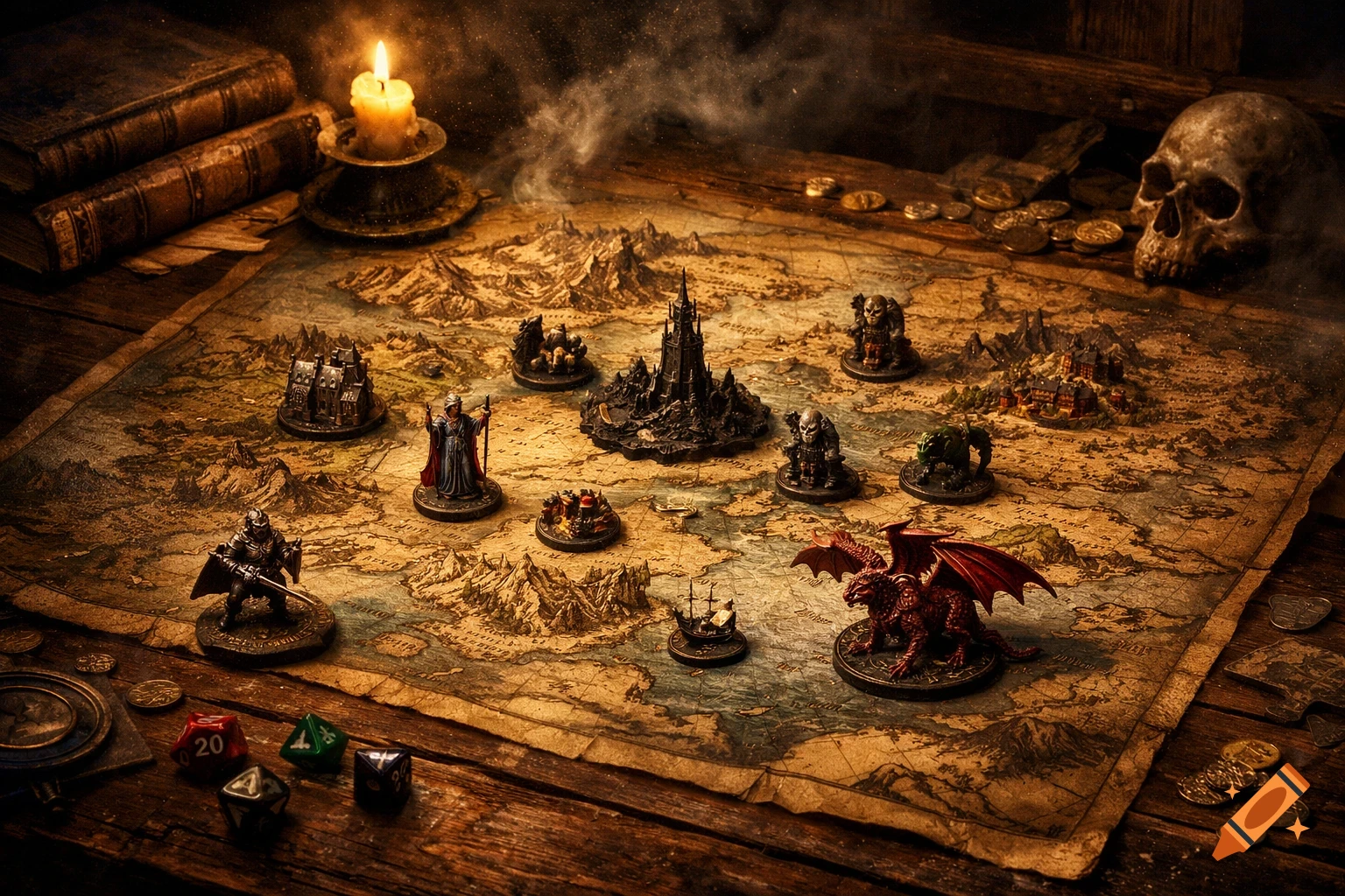 A fantasy tabletop game setup with a map, miniatures including a dragon and castle, dice, books, candle, and skull on a wooden table.