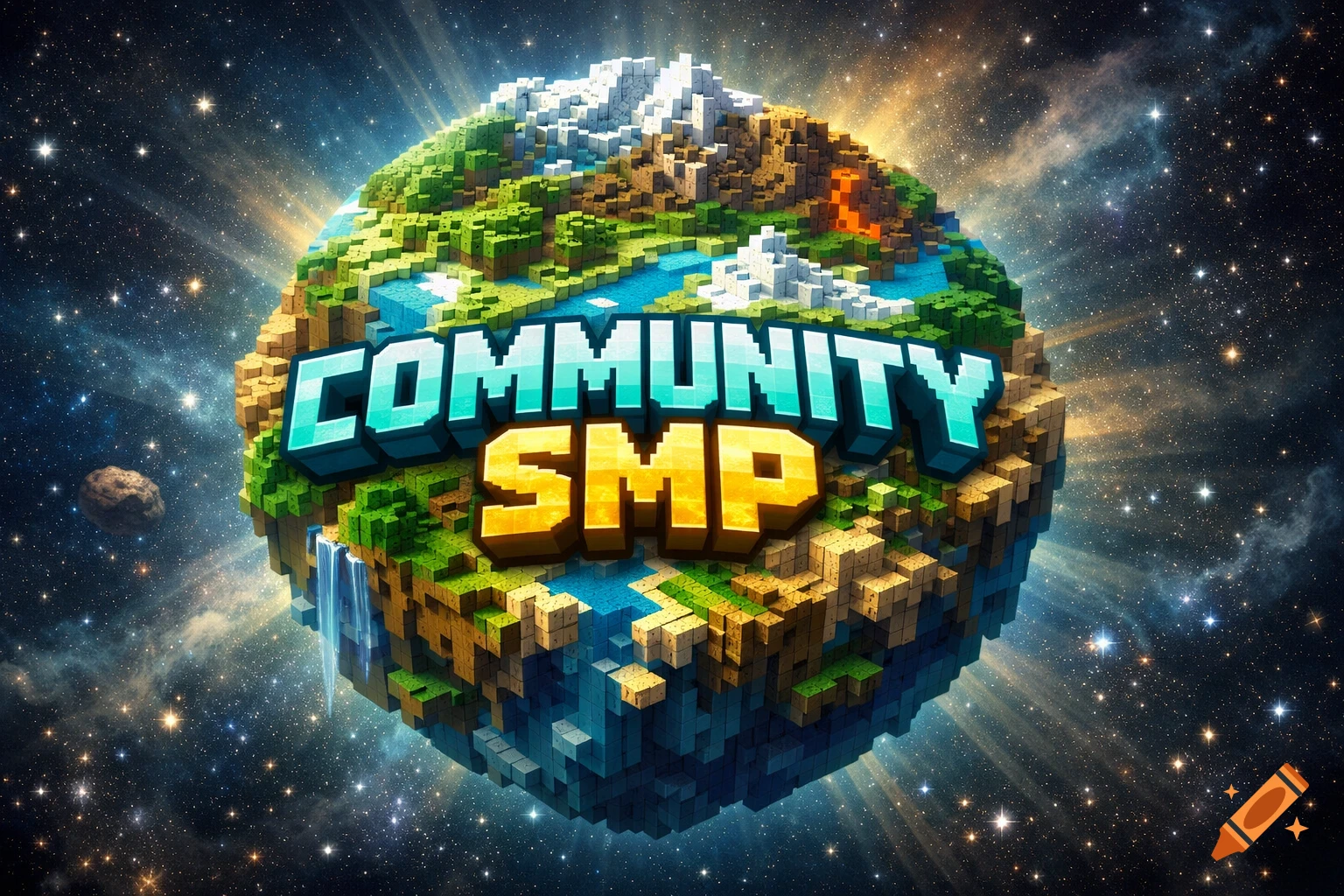 A blocky Minecraft-style planet with green, snow, and water biomes, emblazoned with 'COMMUNITY SMP,' floating in a starry galaxy.