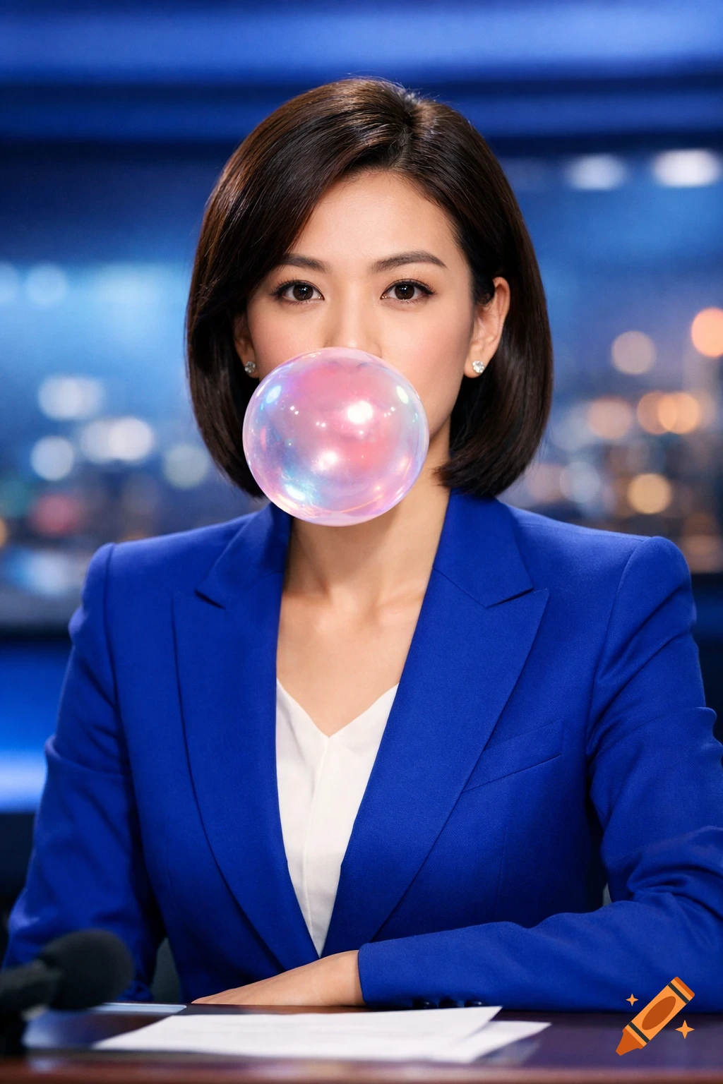 A serious-looking news anchorwoman in a blue blazer blows a large, iridescent bubblegum bubble.