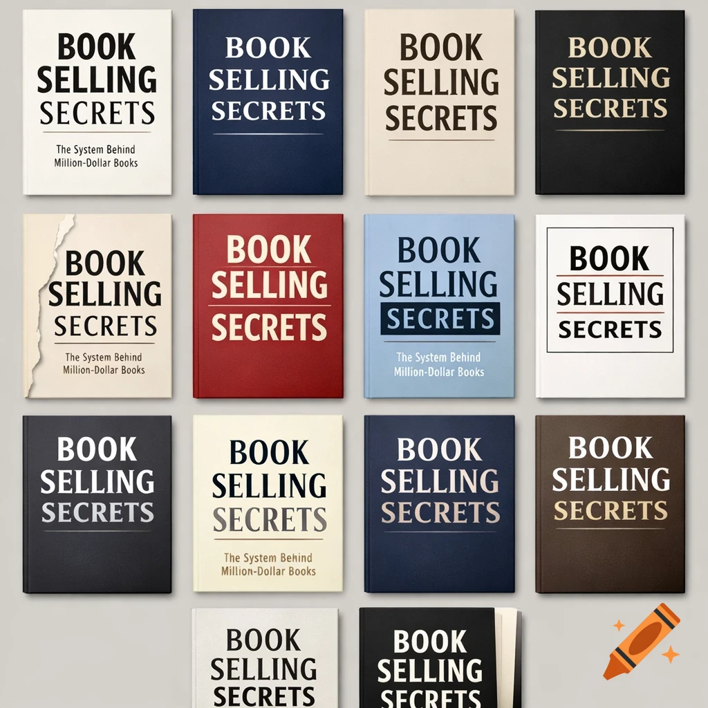 A grid of twelve realistic book covers for 'Book Selling Secrets' in various colors and designs.