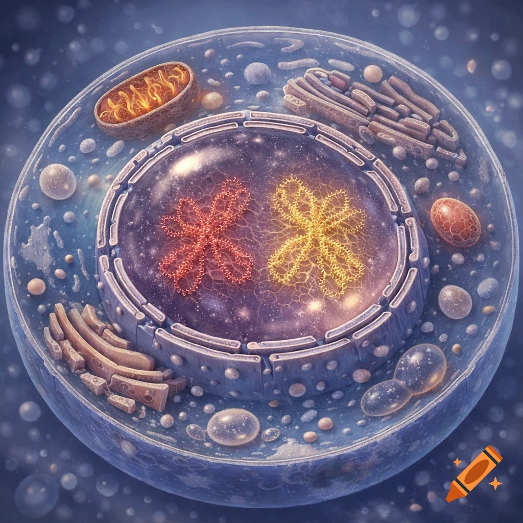 Vibrant illustration of a cell featuring a nucleus with glowing red and yellow chromosomes and surrounding organelles.