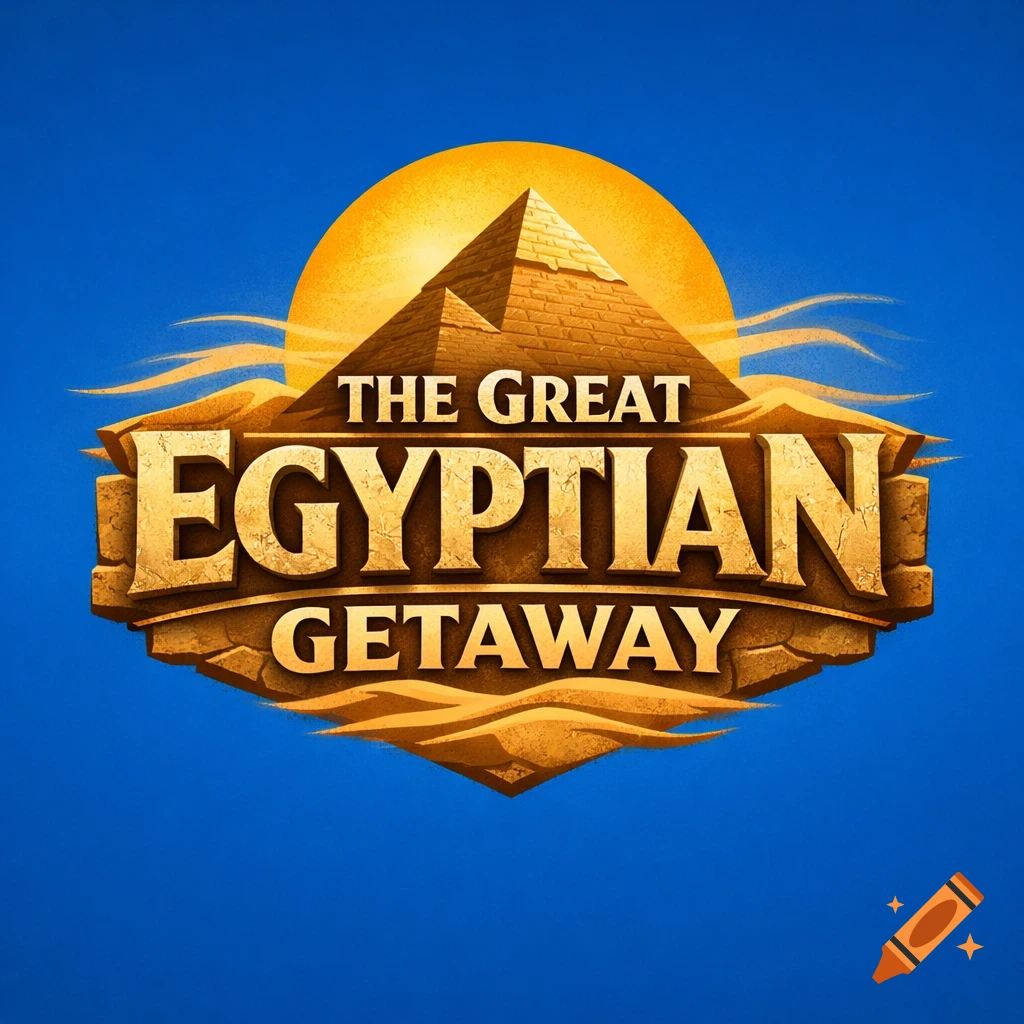 A golden logo for "The Great Egyptian Getaway" featuring a pyramid and sun over stylized desert sands, set against a blue sky.