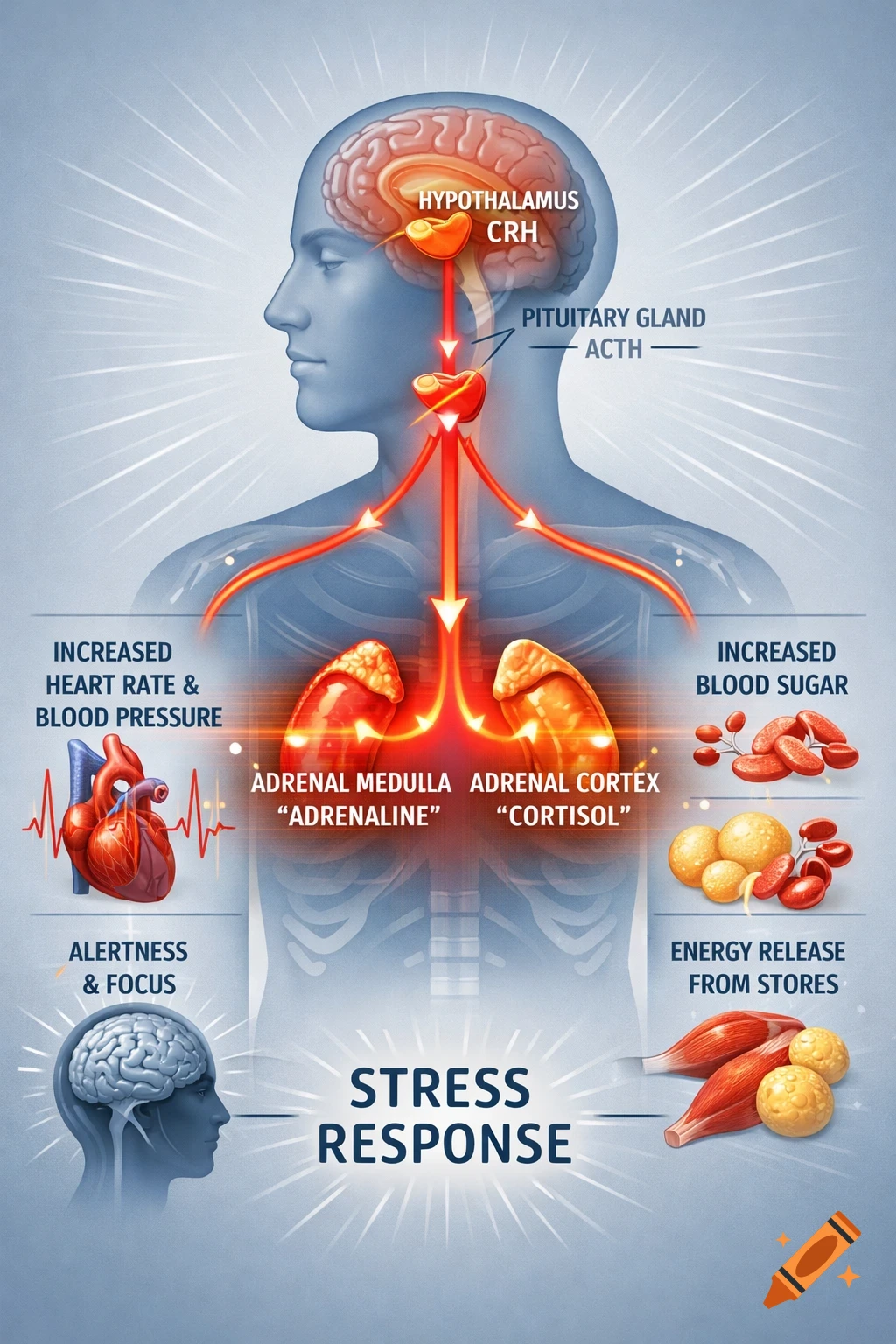 Diagram illustrating the human stress response, showing the hypothalamus, pituitary gland, adrenal glands, and their effects.
