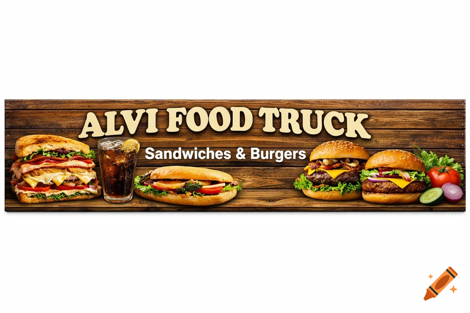 Photorealistic sign for 'ALVI FOOD TRUCK' featuring sandwiches, burgers, and a cola drink on a rustic wooden background.