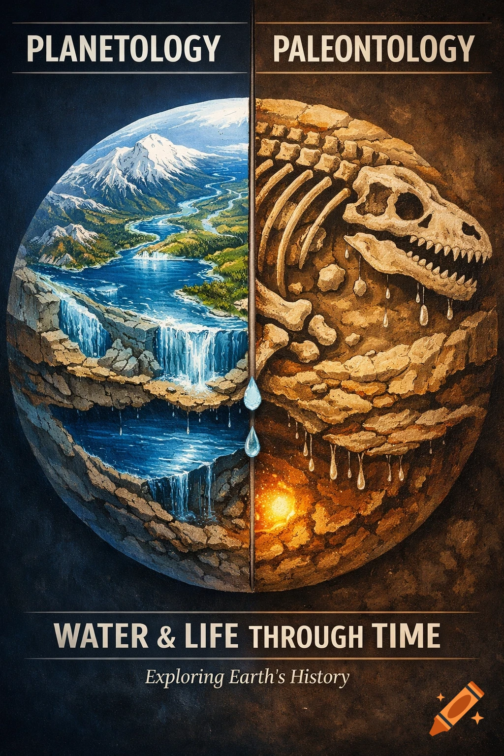A scientific poster with Earth split vertically. One side shows lush landscapes and waterfalls labeled 'PLANETOLOGY', the other features dinosaur bones in rock layers labeled 'PALEONTOLOGY'. Text reads 'WATER & LIFE THROUGH TIME, Exploring Earth's History'.