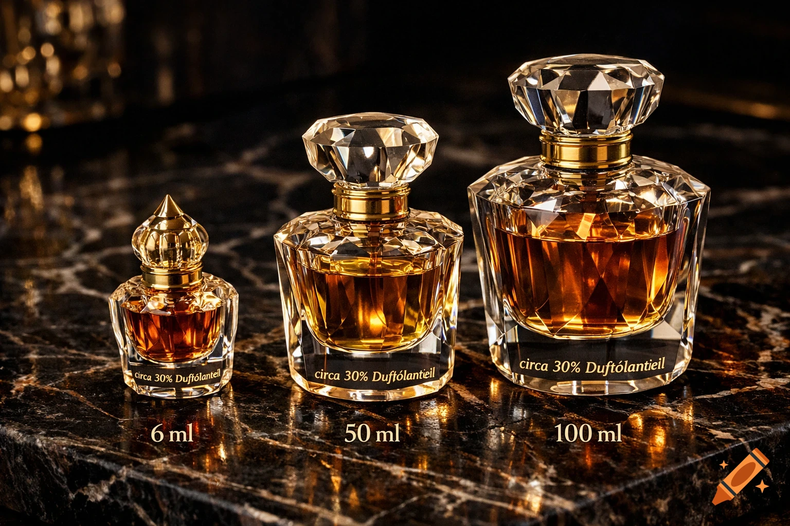 Three crystal and gold perfume bottles in 6ml, 50ml, and 100ml sizes, with labels, on a dark marble surface in a cinematic style.