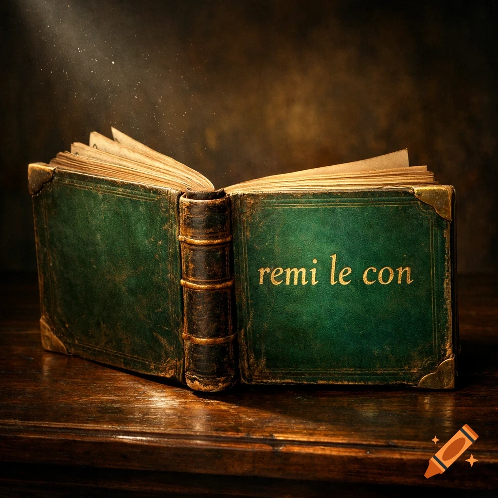 An old, open green book with 'remi le con' title, illuminated by a magical light on a wooden table.