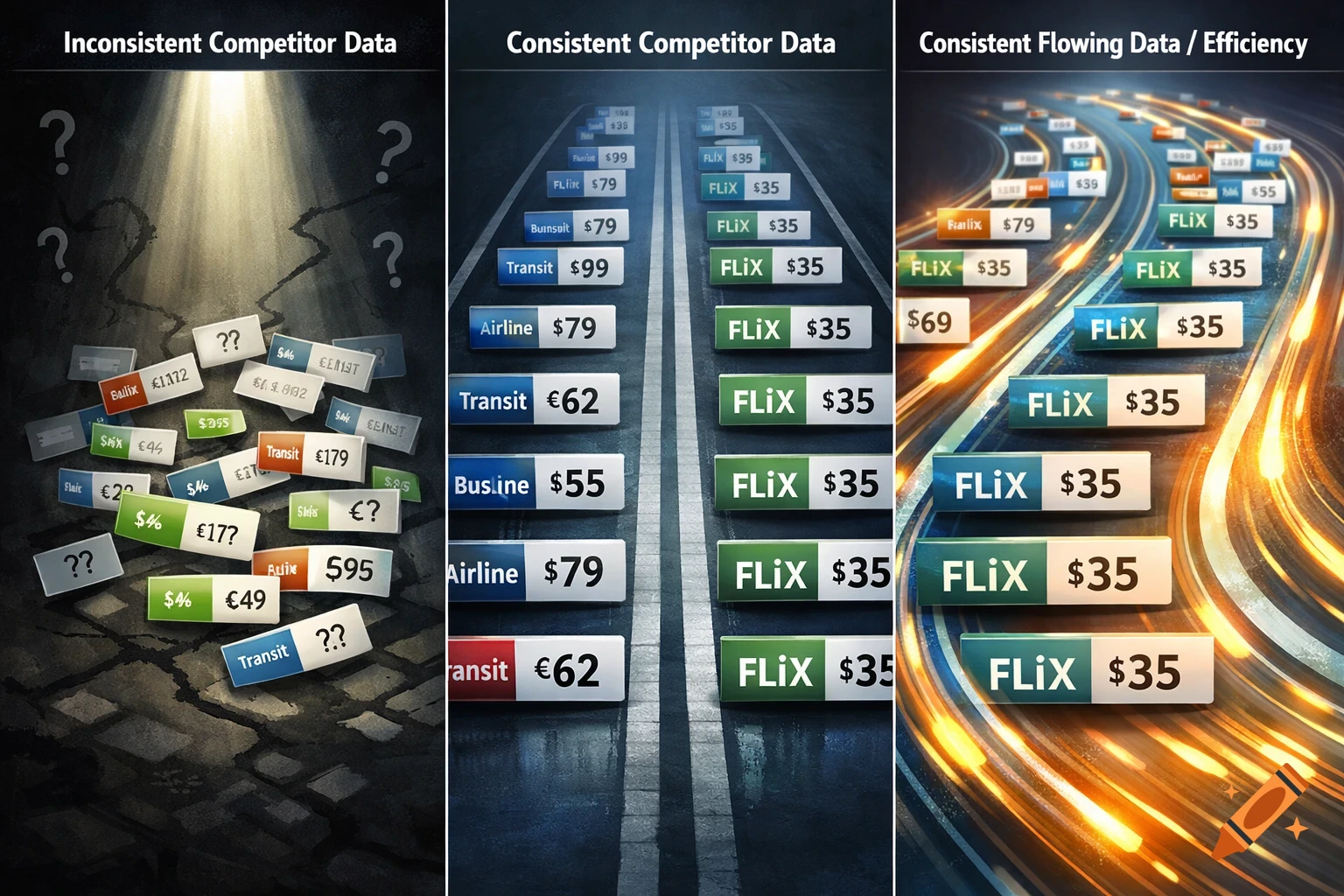 Three panels illustrating data: left shows inconsistent data cards with garbled text, middle shows consistent data cards, and right shows consistent data flowing efficiently.