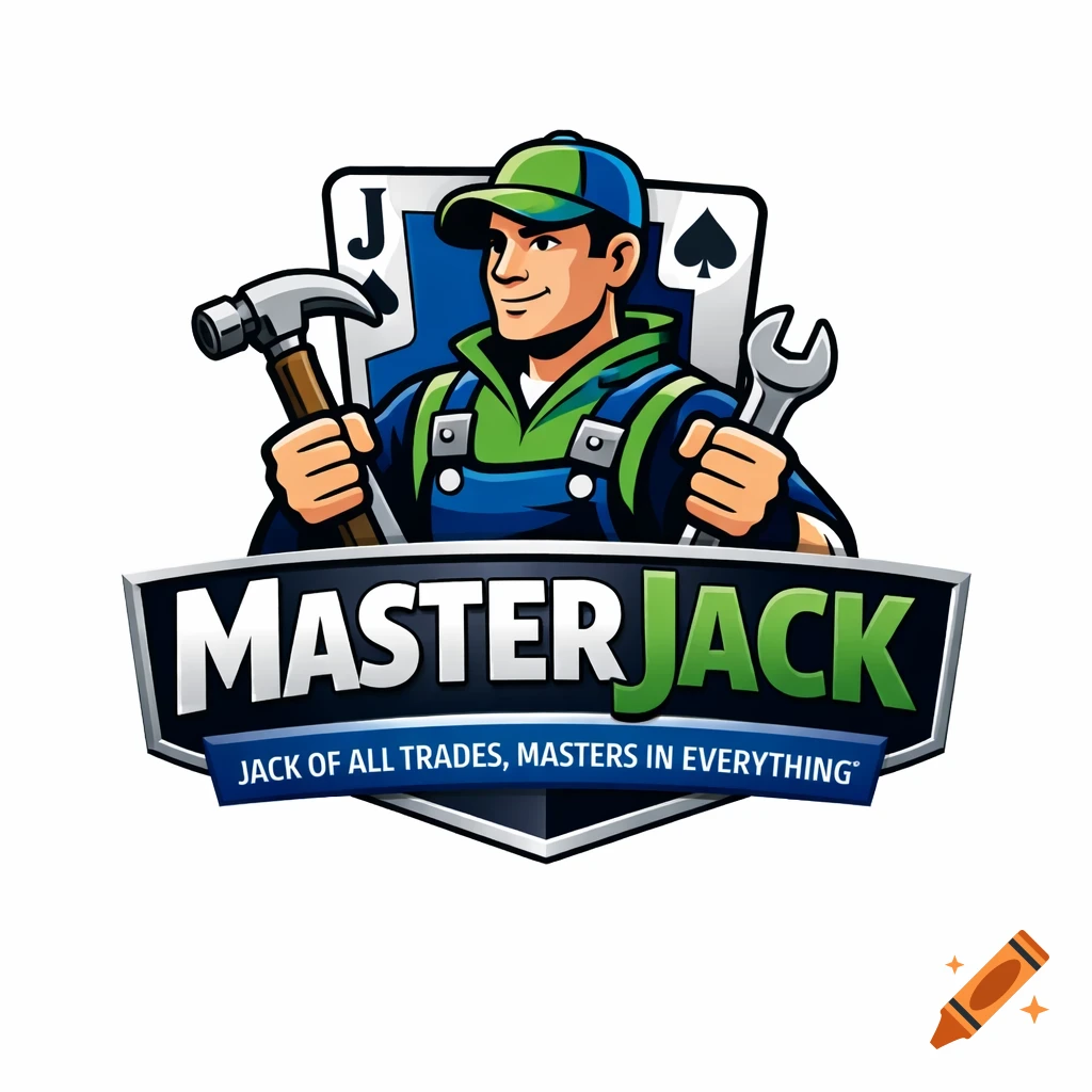 A colorful logo of a smiling cartoon handyman in a cap, holding a hammer and wrench, with "MasterJack" and a slogan.