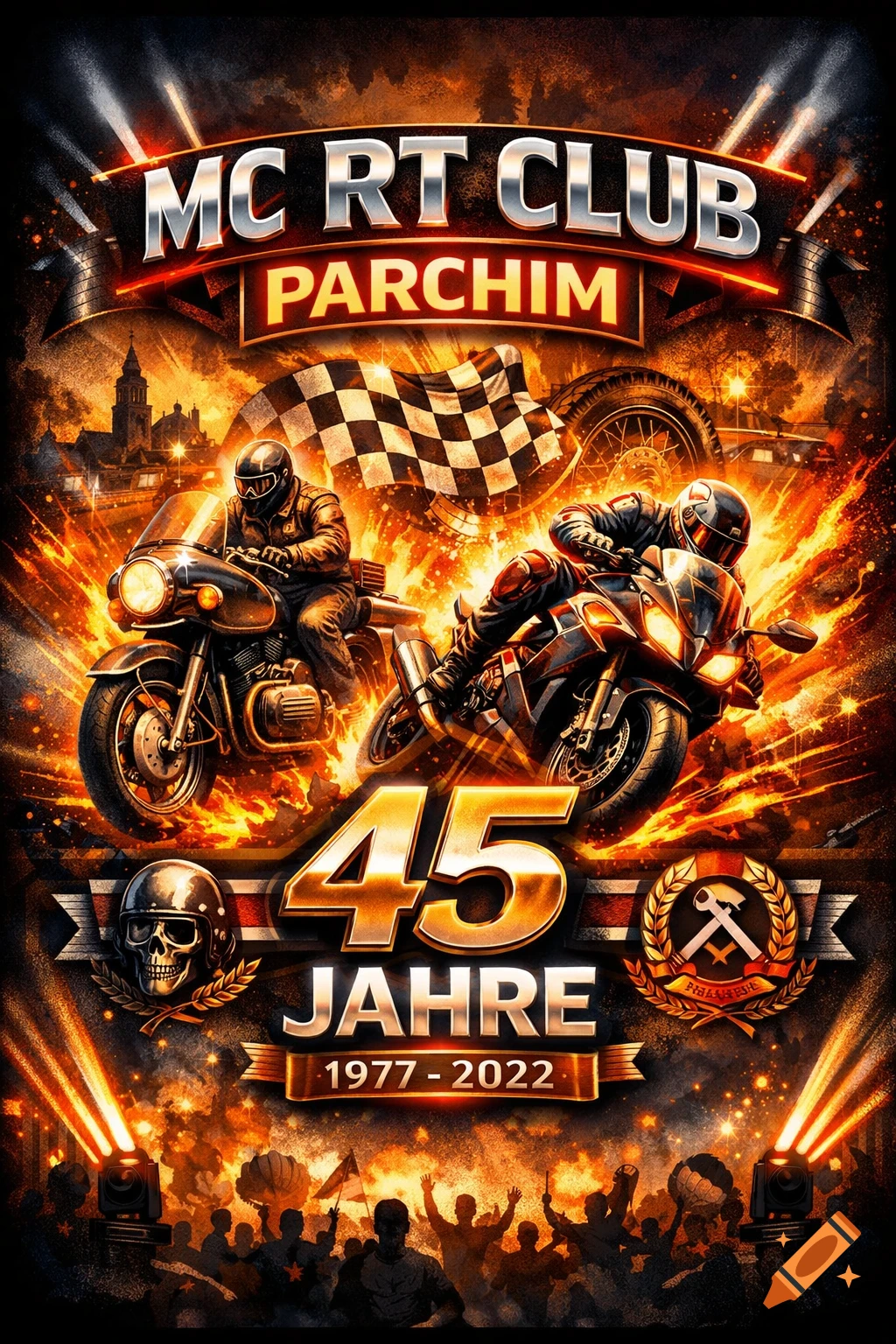 A stylized poster for MC RT Club Parchim's 45th anniversary, featuring two motorcyclists, a checkered flag, and a skull emblem amidst flames and light beams.