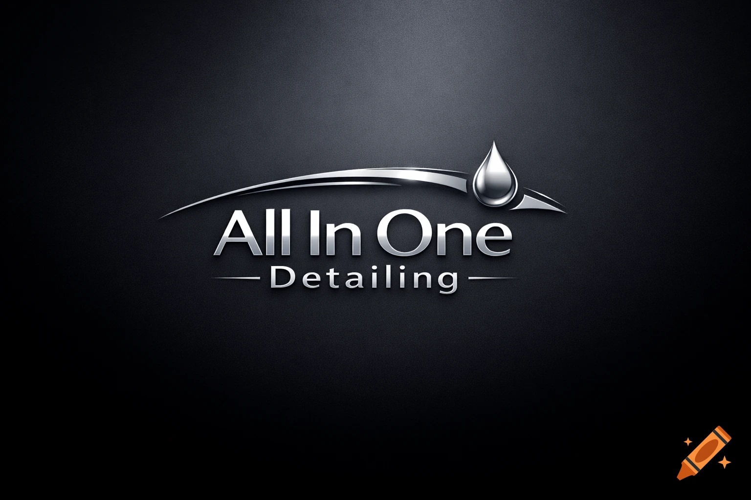 A sleek silver metallic logo on a dark background featuring a curved line, a teardrop, and the text "All In One Detailing".