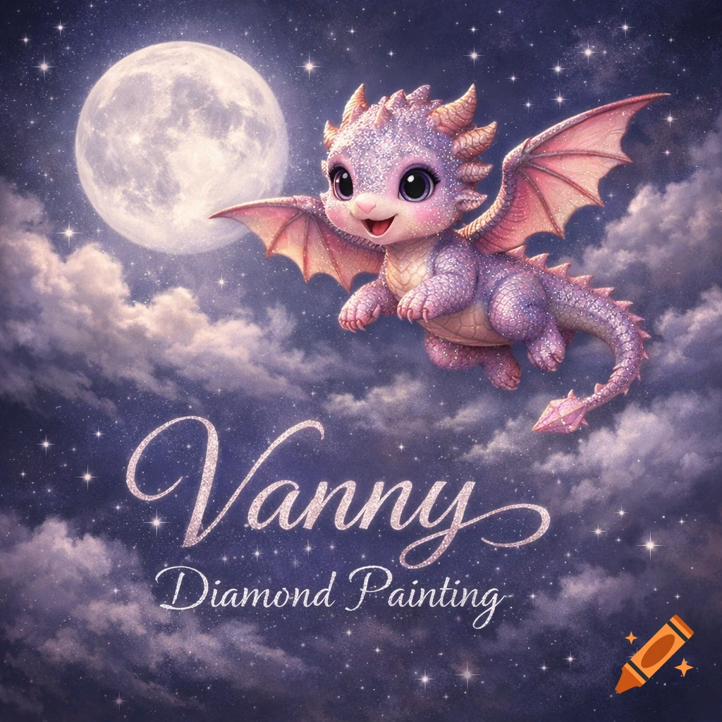 A sparkling purple baby dragon with pink wings flies under a full moon in a starry night sky, with 'Vanny Diamond Painting' text.