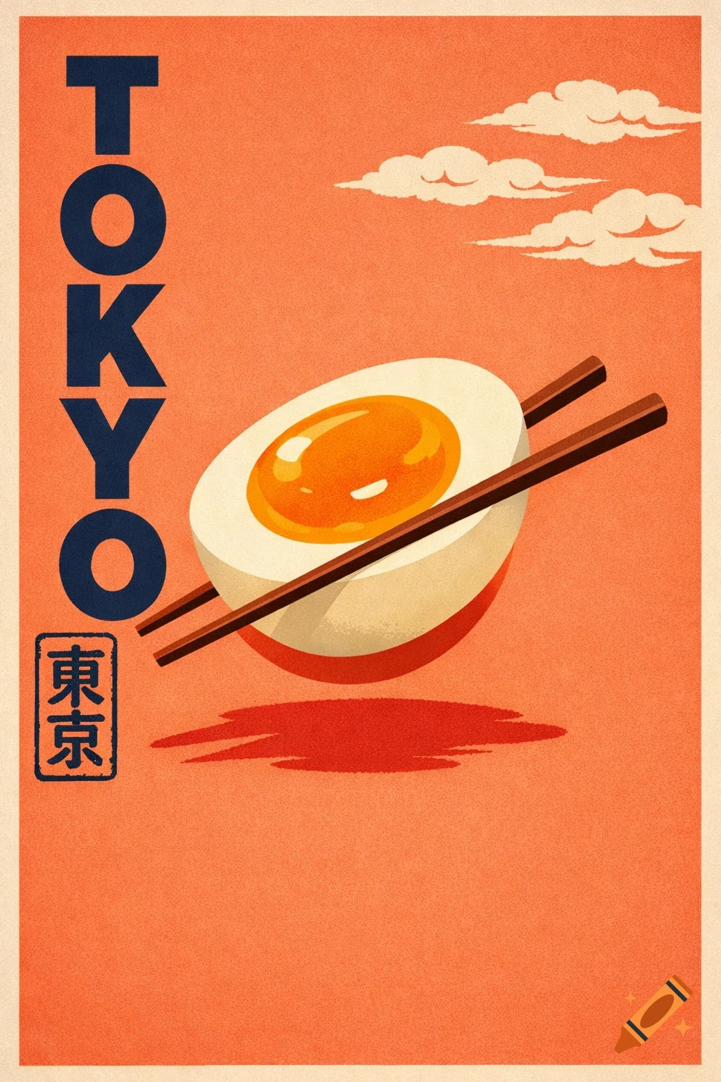 Vintage Japanese travel poster with a ramen egg, chopsticks, "TOKYO" text, and Japanese characters on an orange background.