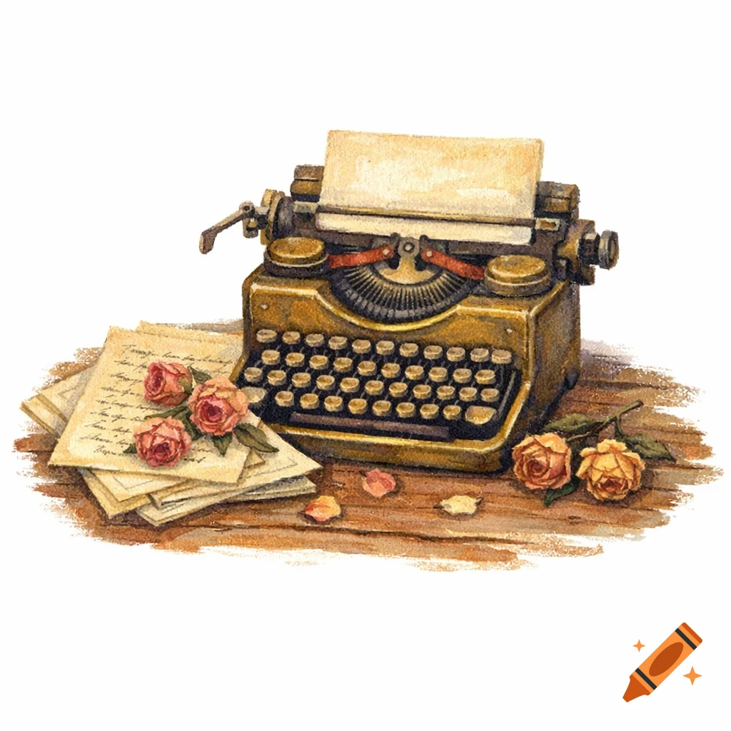 A gouache painting of a vintage gold typewriter with a blank page, surrounded by handwritten manuscripts and dried roses on a wooden surface.