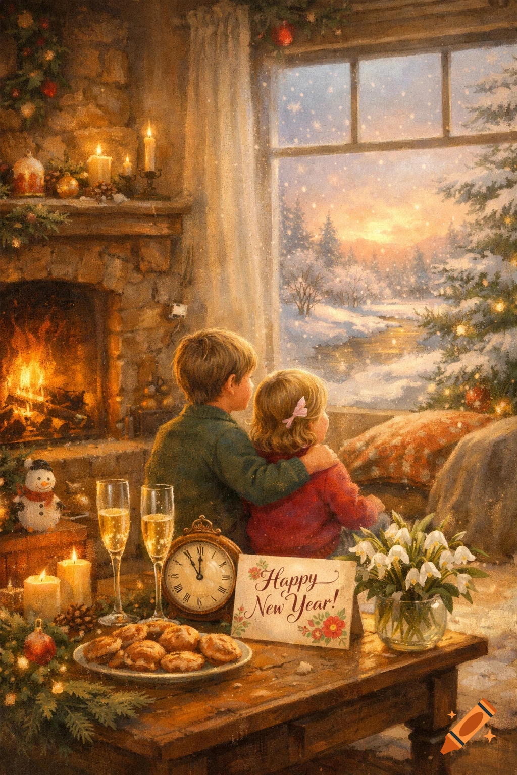 Painterly scene of two children watching a snowy sunset from a cozy room with a fireplace and New Year's decorations, including a 'Happy New Year!' card.