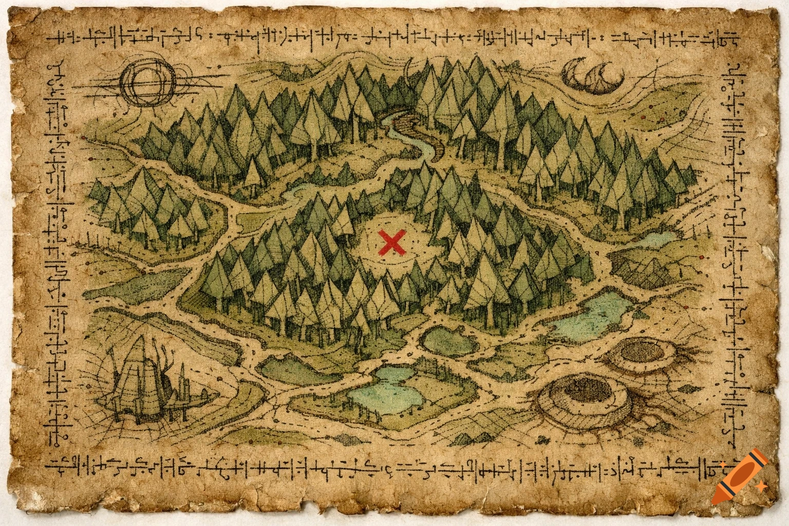 A hand-drawn fantasy map on ancient parchment, depicting a forest with geometric trees and a red X, bordered by alien calligraphy.