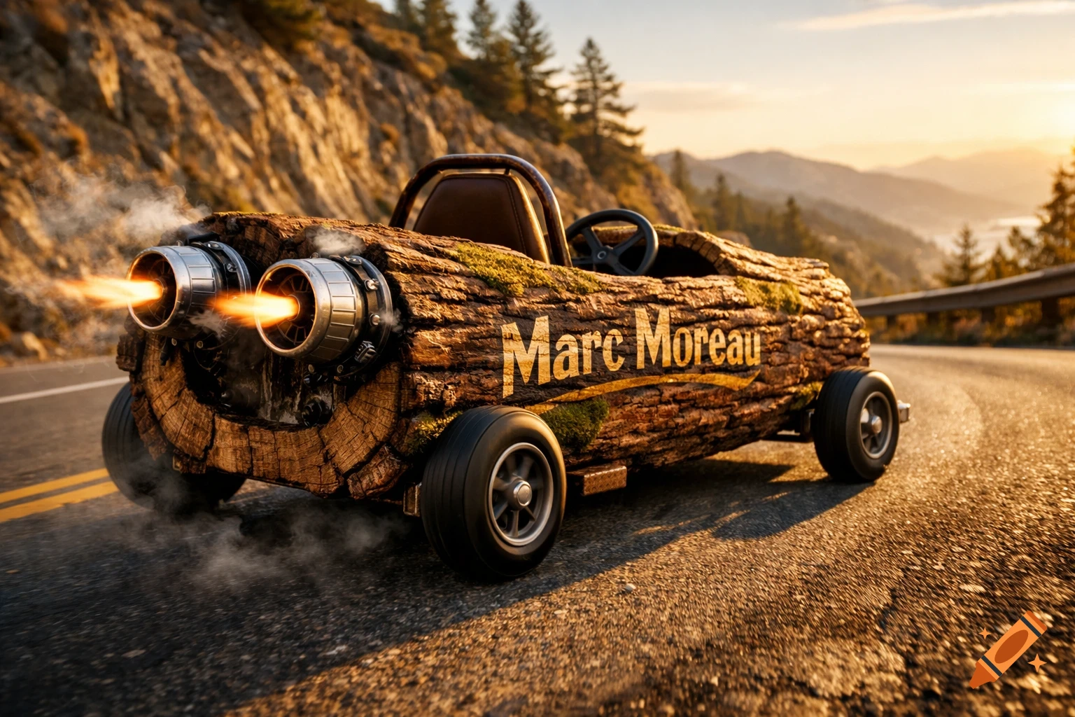 Photorealistic image of a custom log-shaped car with two jet engines emitting flames, driving on a winding mountain road at sunset. 'Marc Moreau' is written on its side.