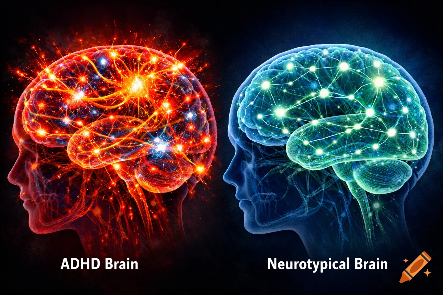 Two stylized brains. The left, a fiery red ADHD brain with chaotic neural activity. The right, a calm blue-green neurotypical brain.