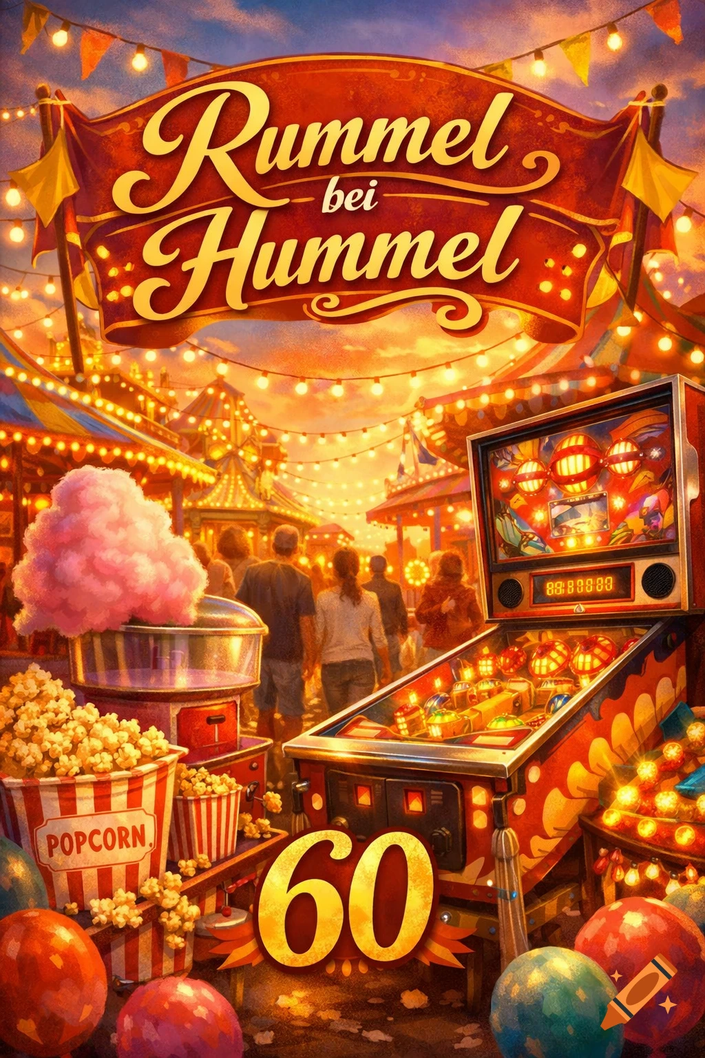 A vibrant illustrated carnival scene at sunset featuring a banner with "Rummel bei Hummel," a large "60," a pinball machine, cotton candy, and popcorn. People walk amidst fair tents and string lights.