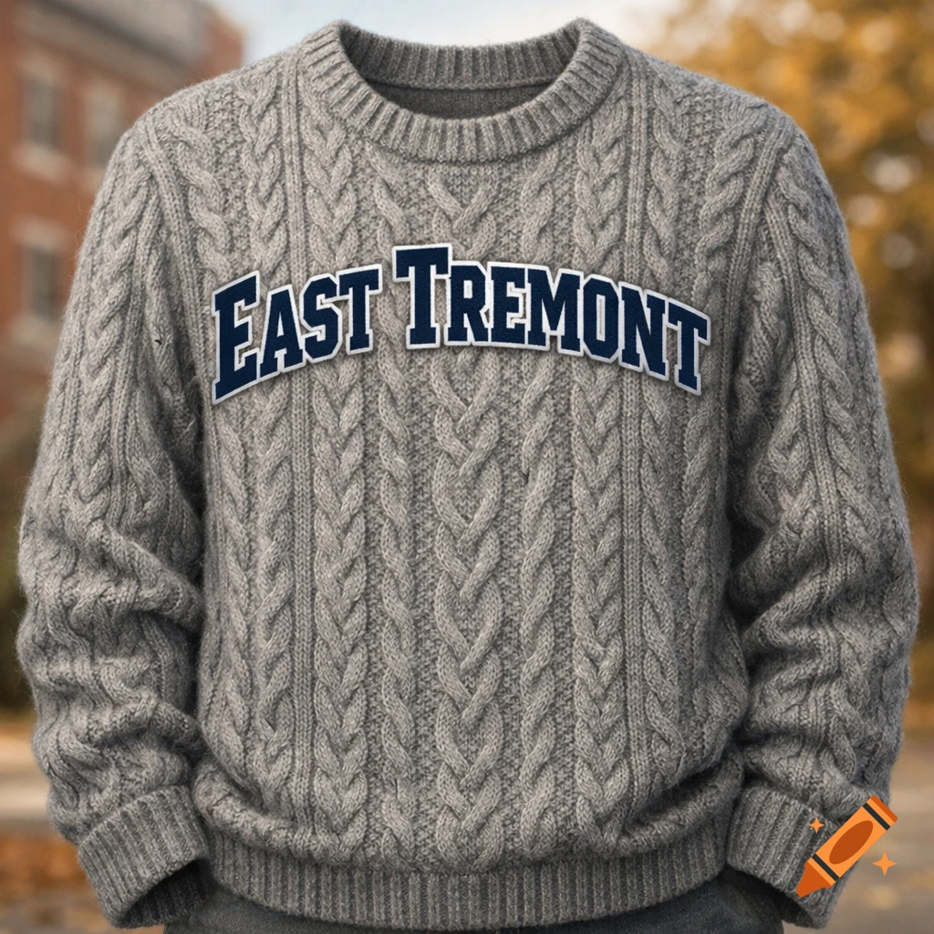 A close-up of a gray cable knit sweater with "EAST TREMONT" in dark blue collegiate-style letters across the chest, set against a blurred outdoor background with trees and buildings.