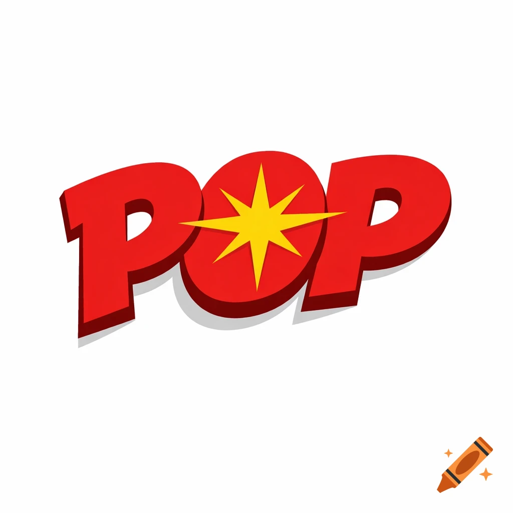 Red comic book style text spelling 'POP' with a yellow starburst replacing the 'o'.