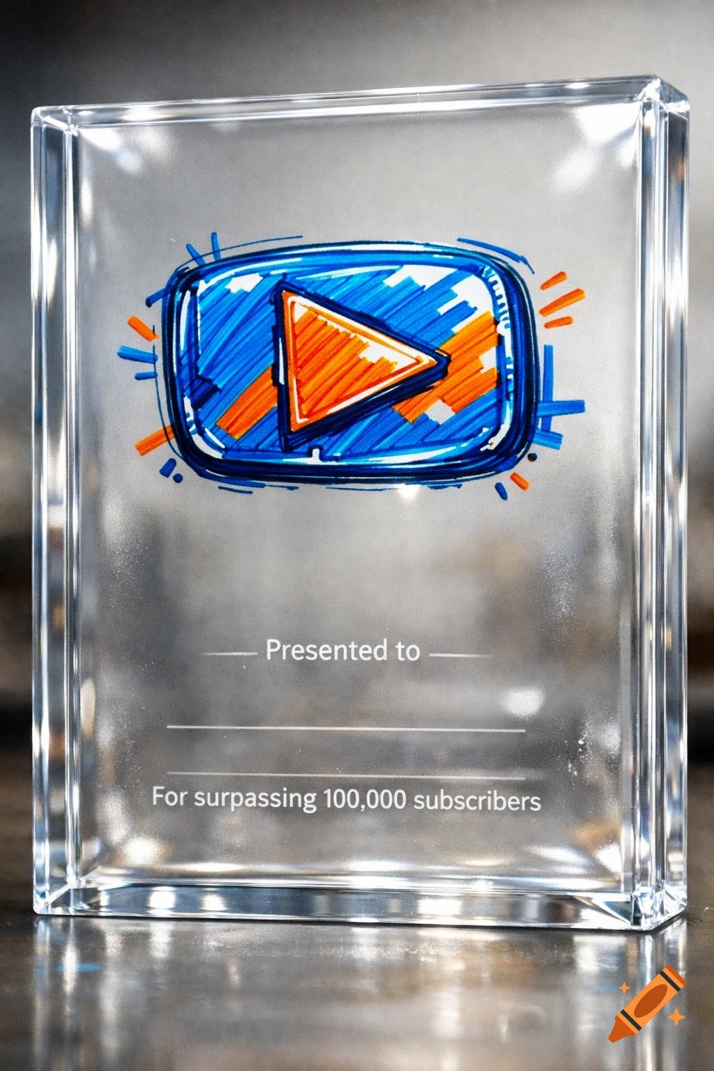 A clear acrylic plaque featuring a doodle-style YouTube play button logo in blue and orange, with engraved text "Presented to" and "For surpassing 100,000 subscribers".