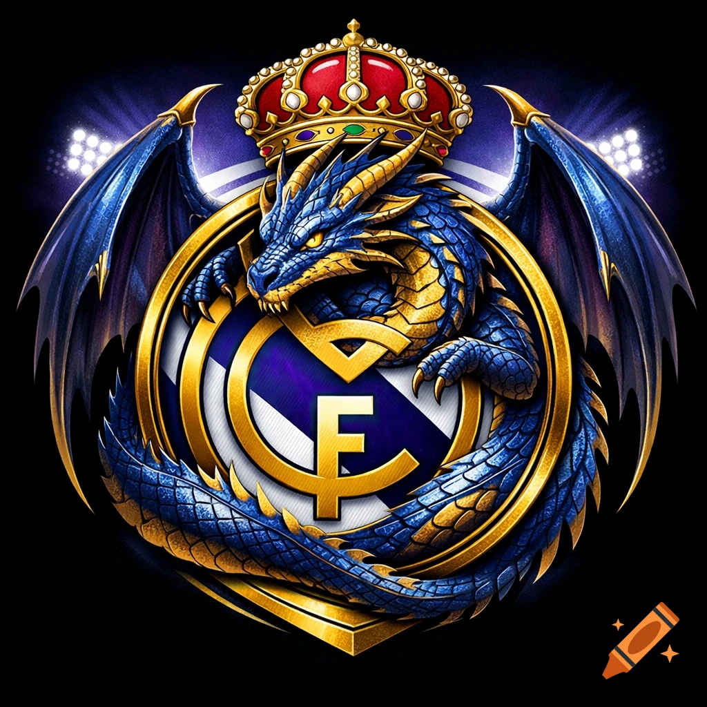 A blue and gold dragon entwined around a stylized Real Madrid logo with a crown, under bright stadium lights on a dark background.