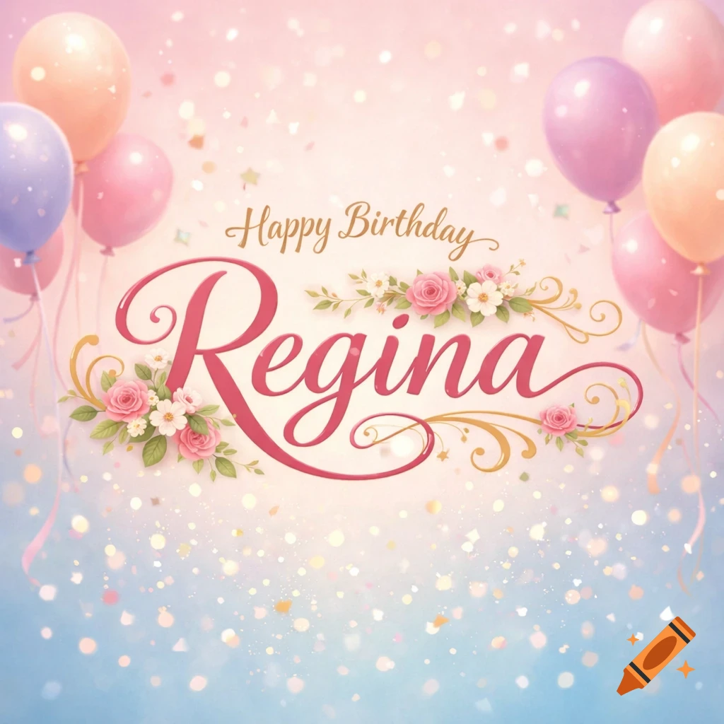A pink and blue birthday card with colorful balloons, confetti, and the text "Happy Birthday Regina" surrounded by roses and foliage.