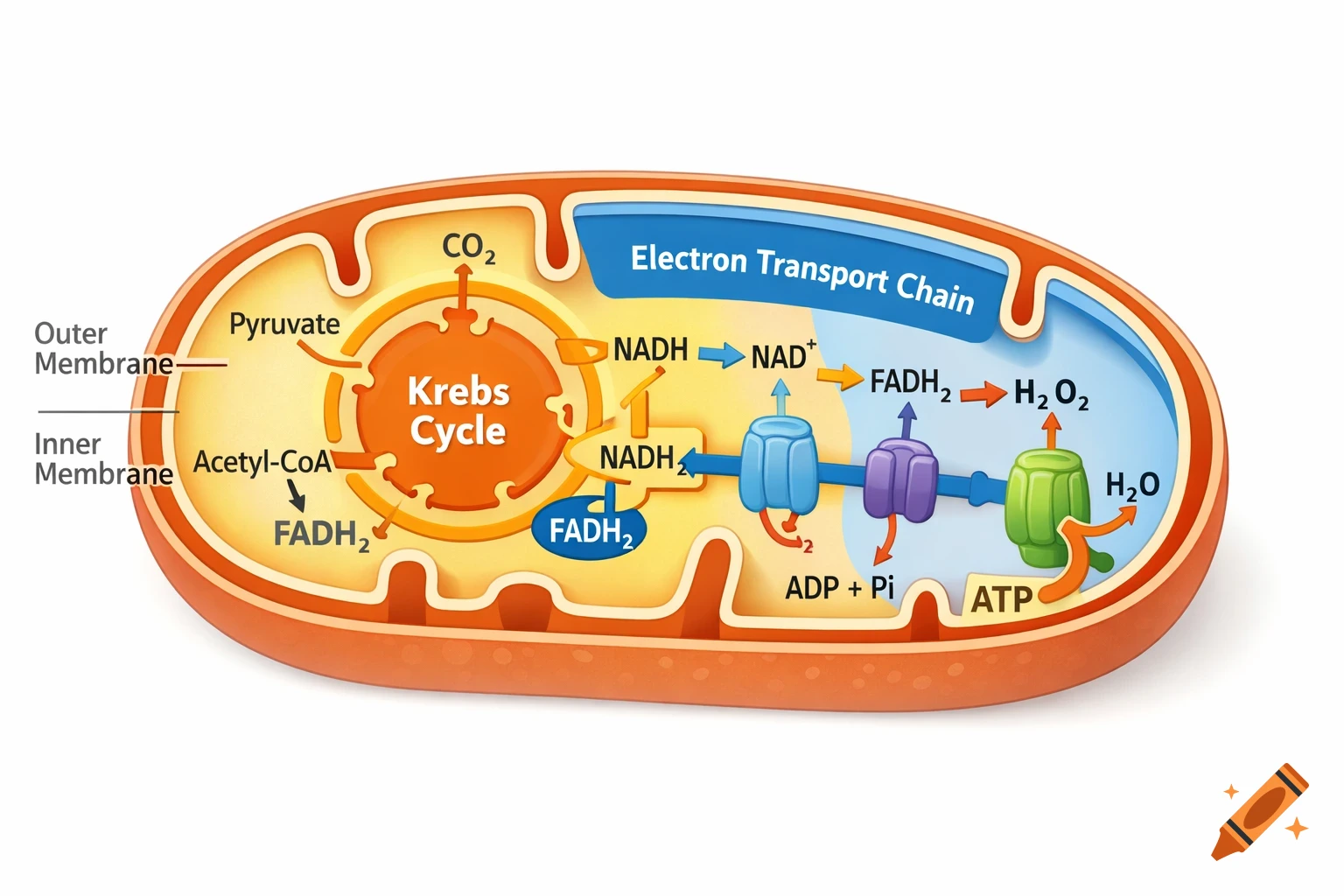 A colorful diagram illustrating the mitochondrion, detailing the Krebs Cycle and Electron Transport Chain with various chemical labels and pathways.