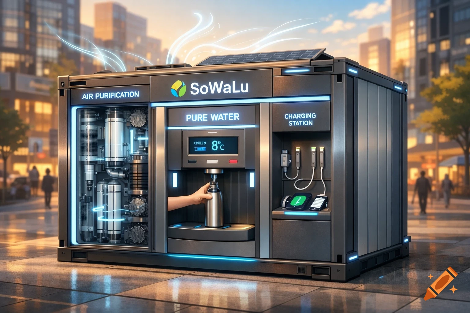 A sleek, futuristic urban utility station offering air purification, pure water dispensing, and phone charging in a city.
