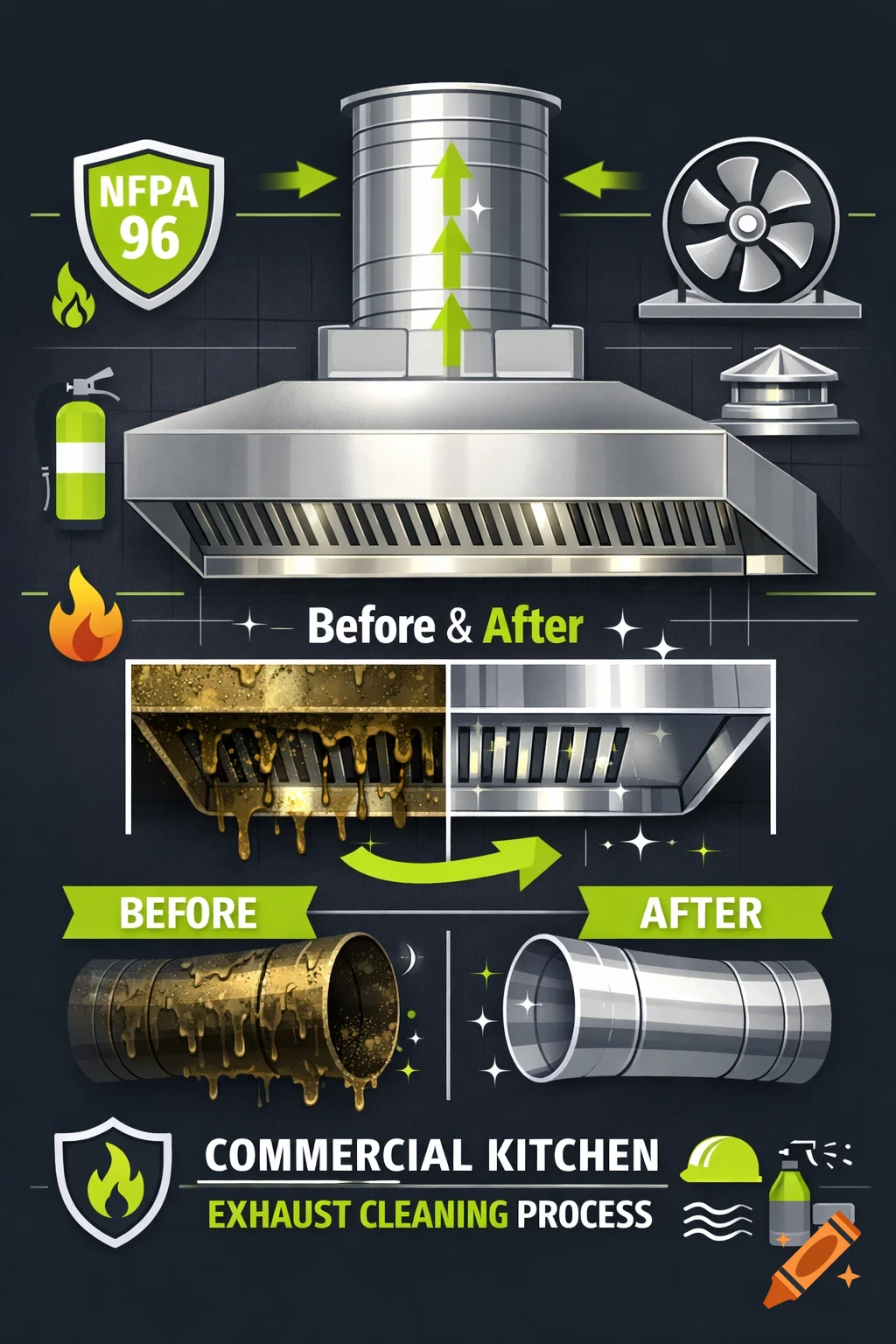Infographic showing commercial kitchen exhaust cleaning process with before and after comparisons of dirty and clean hoods and ducts, with safety icons.